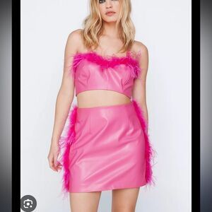 NWT Nasty Gal pink faux leather feather trim set skirt bandeau US 6